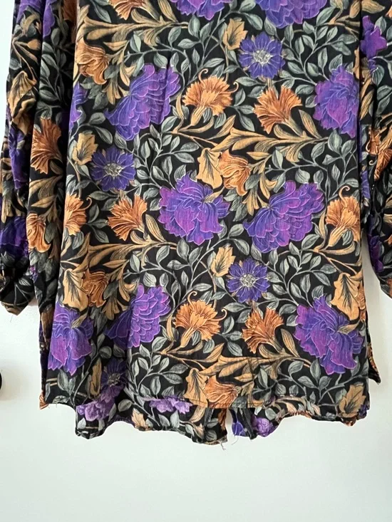 Vintage 90s Exposé Black & Purple Floral Button Up Long Sleeve Shirt Retro Large - Picture 8 of 11